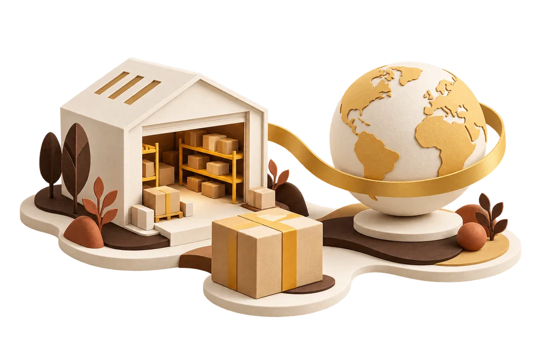 Illustration: Lager, Pakete und Globus stehen für internationales Fulfillment